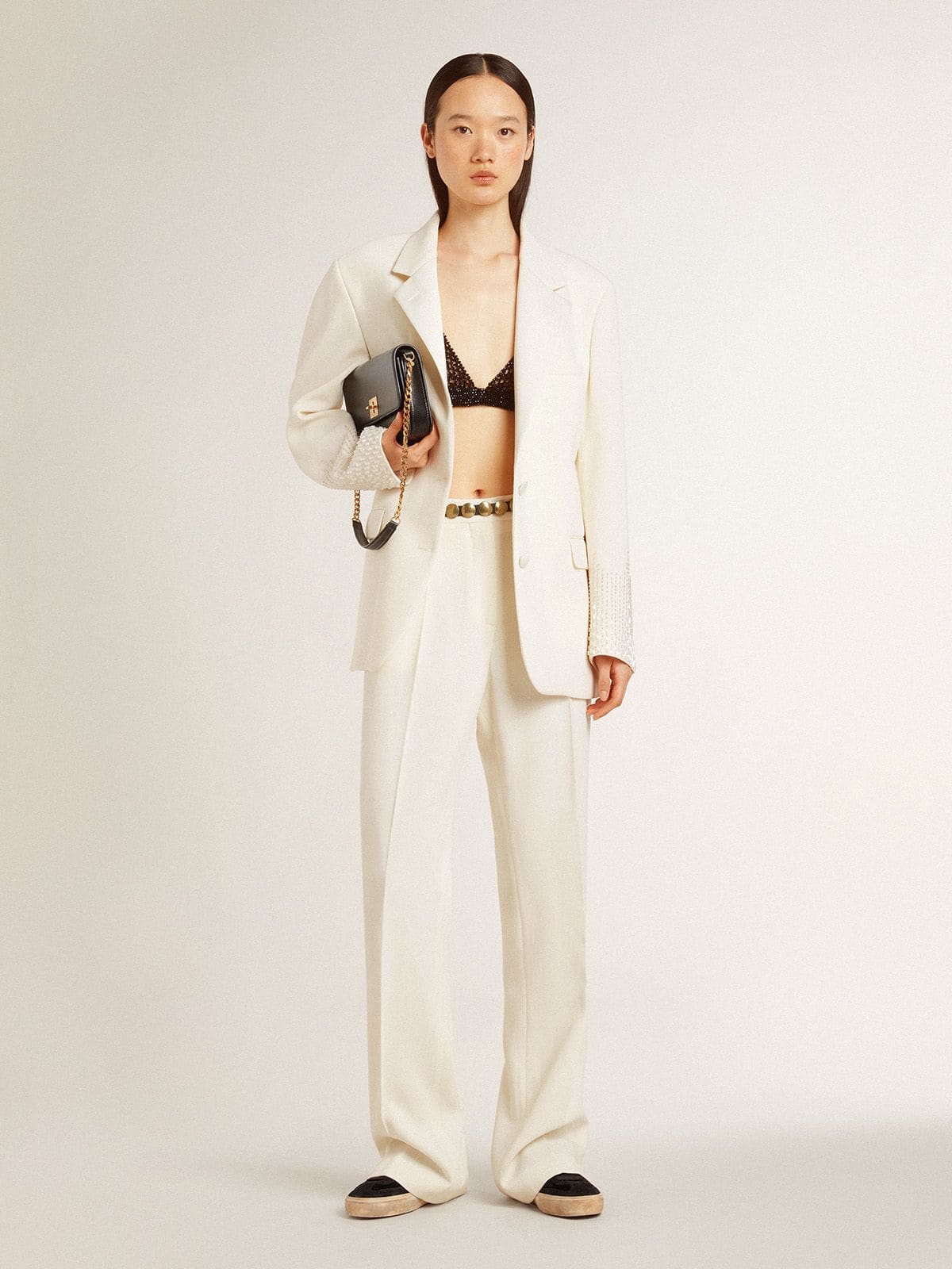 Single-breasted oversize jacket in white with silk effect and embroidery