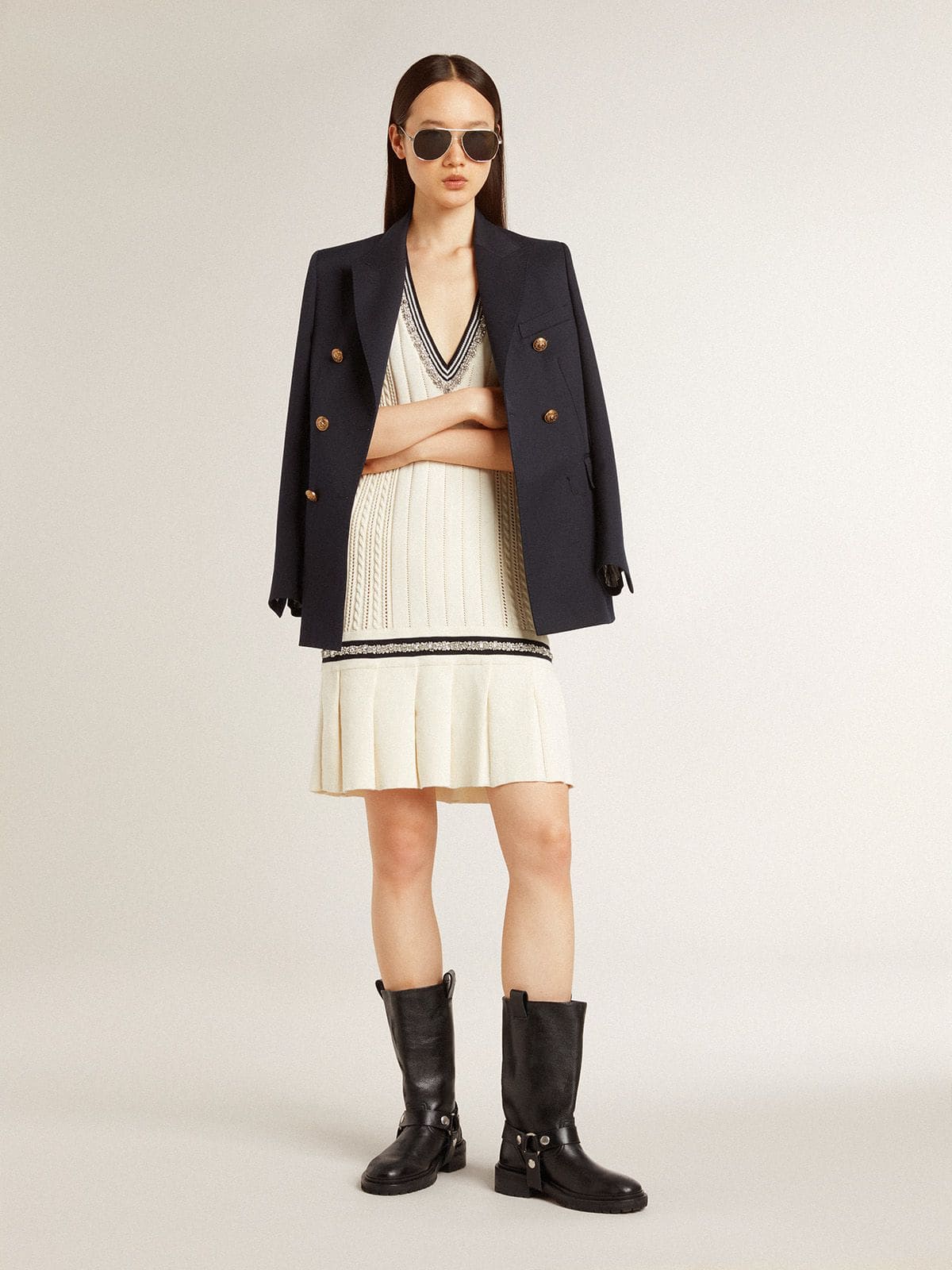 Women's worn-white cotton vest dress with dark blue ribbing and crystals
