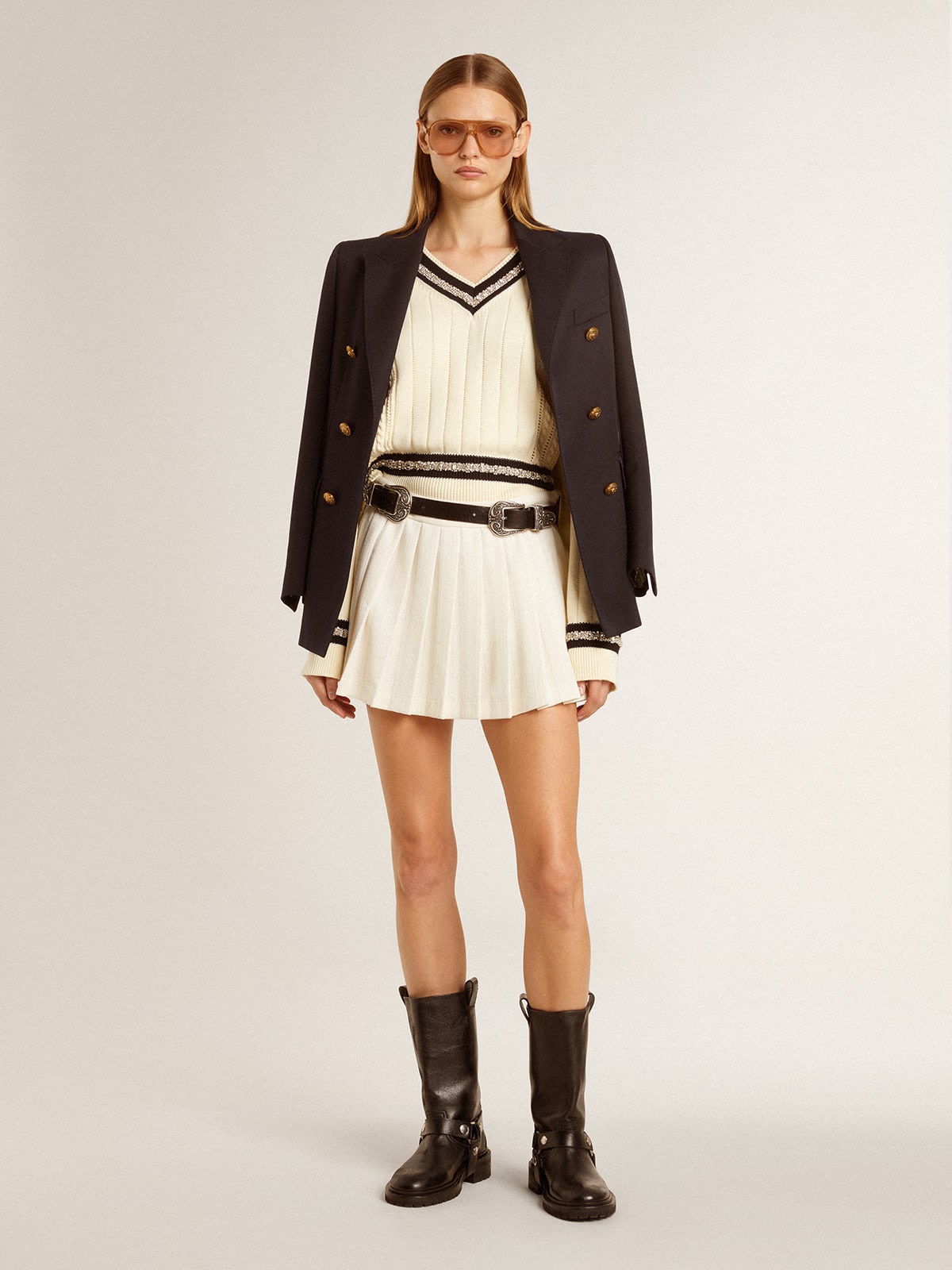 Women's cable-pattern cropped sweater with blue ribbing and crystals