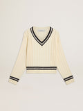 Women's cable-pattern cropped sweater with blue ribbing and crystals
