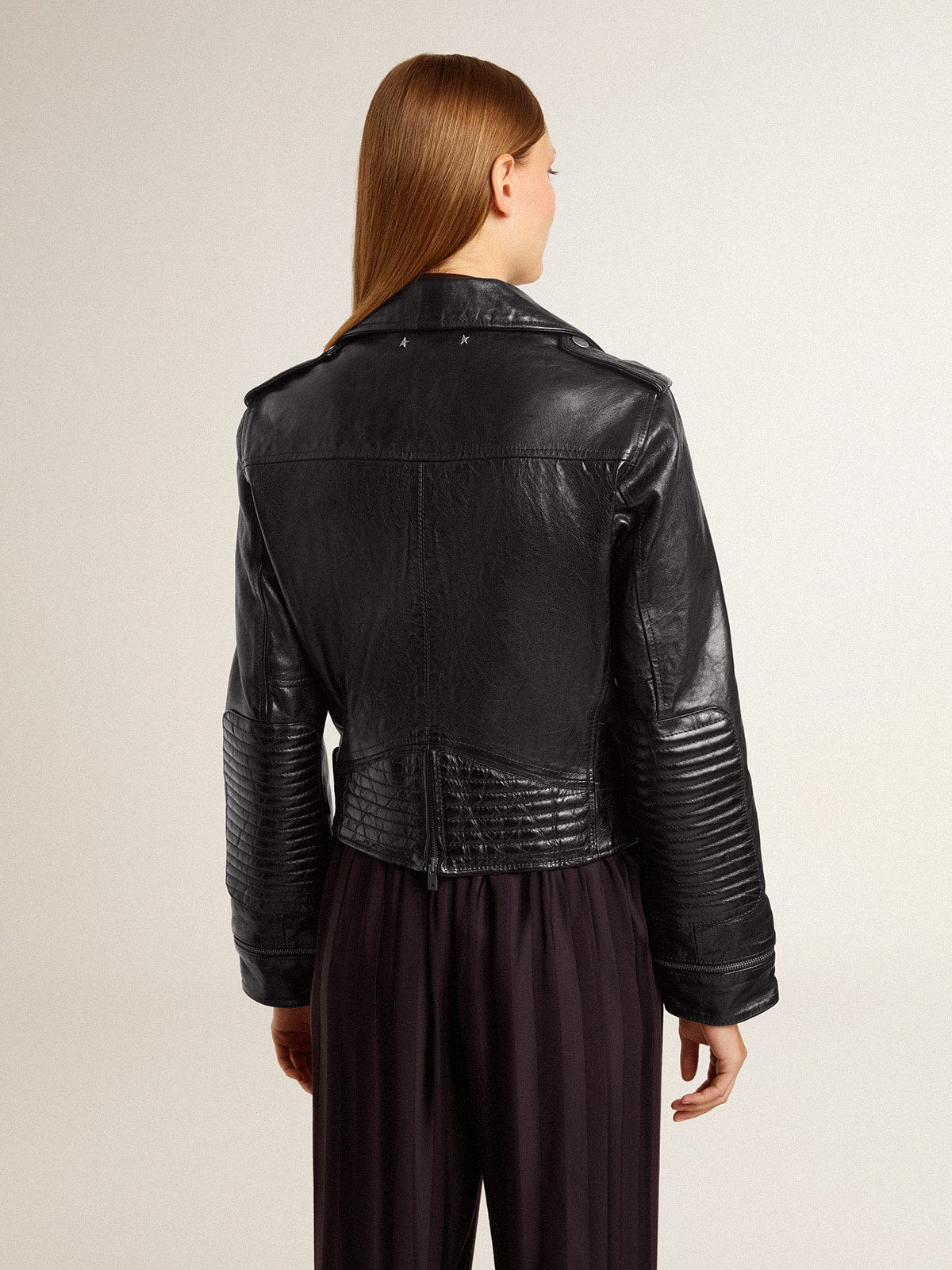 Women’s black leather biker jacket with glossy effect