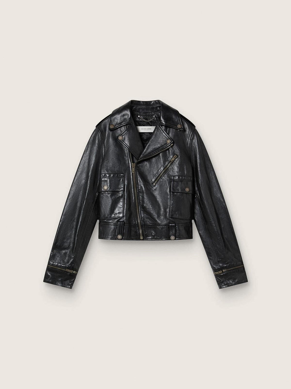 Women’s black leather biker jacket with glossy effect