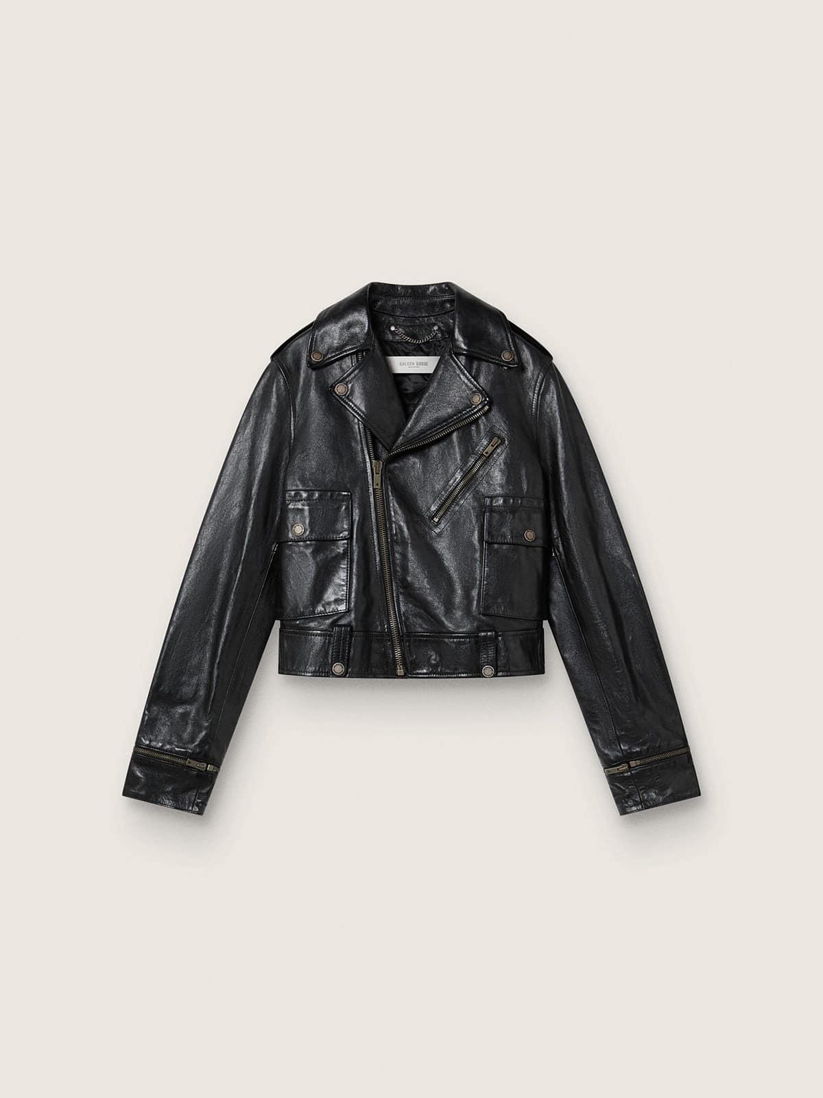Women’s black leather biker jacket with glossy effect