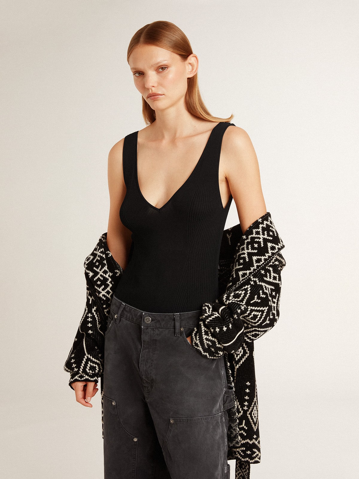 Women's black V-neck bodysuit