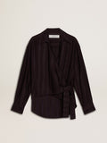 Women's black shirt with vertical stripes and side knot closure