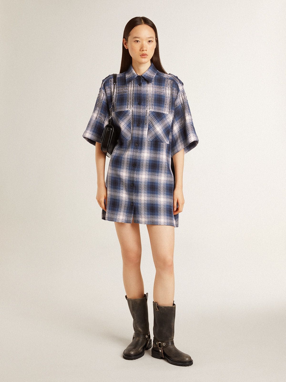 Women's short shirt dress with 3D checkerboard pattern and embroidery