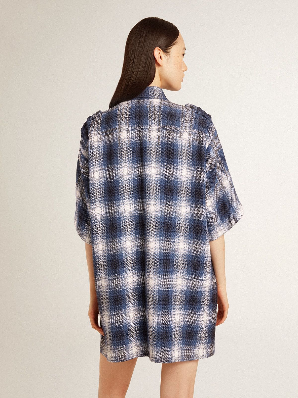 Women's short shirt dress with 3D checkerboard pattern and embroidery