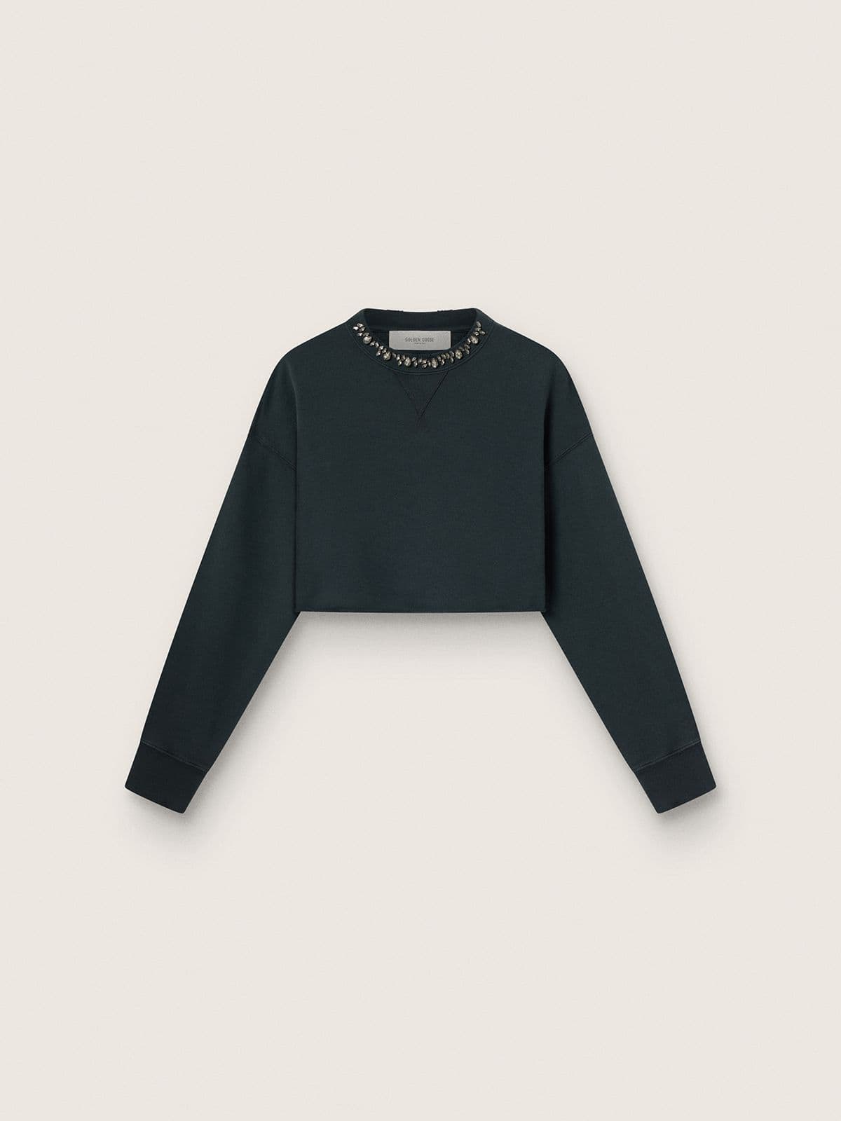 Women's cropped cotton sweatshirt with crystals on the front