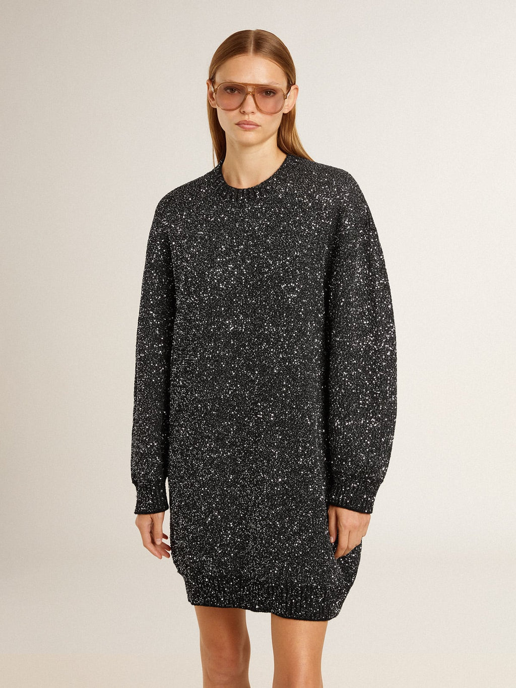 Women's black crew neck dress with all-over silver sequins