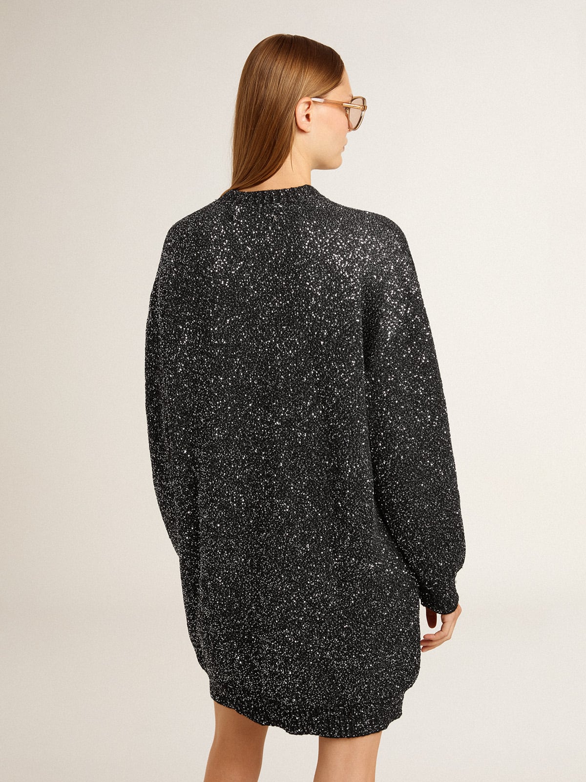 Women's black crew neck dress with all-over silver sequins