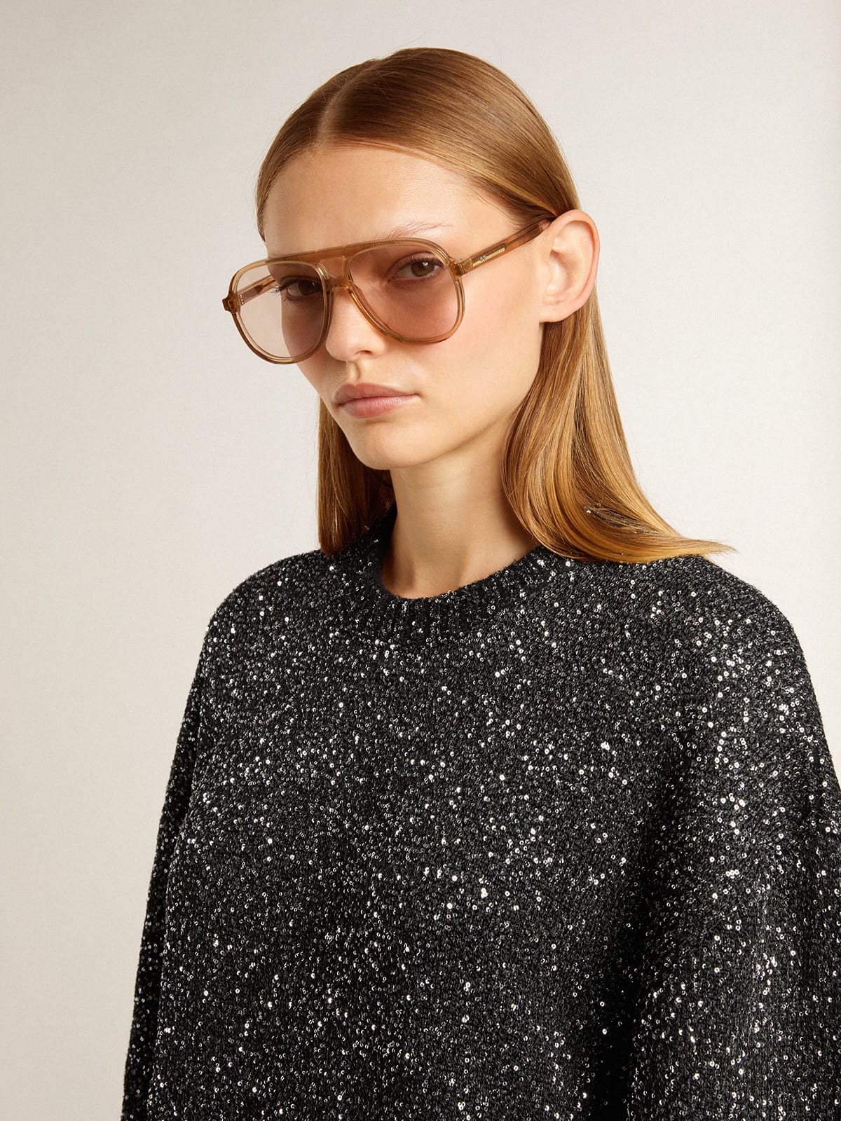 Women's black crew neck dress with all-over silver sequins