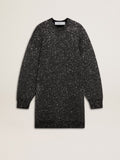 Women's black crew neck dress with all-over silver sequins
