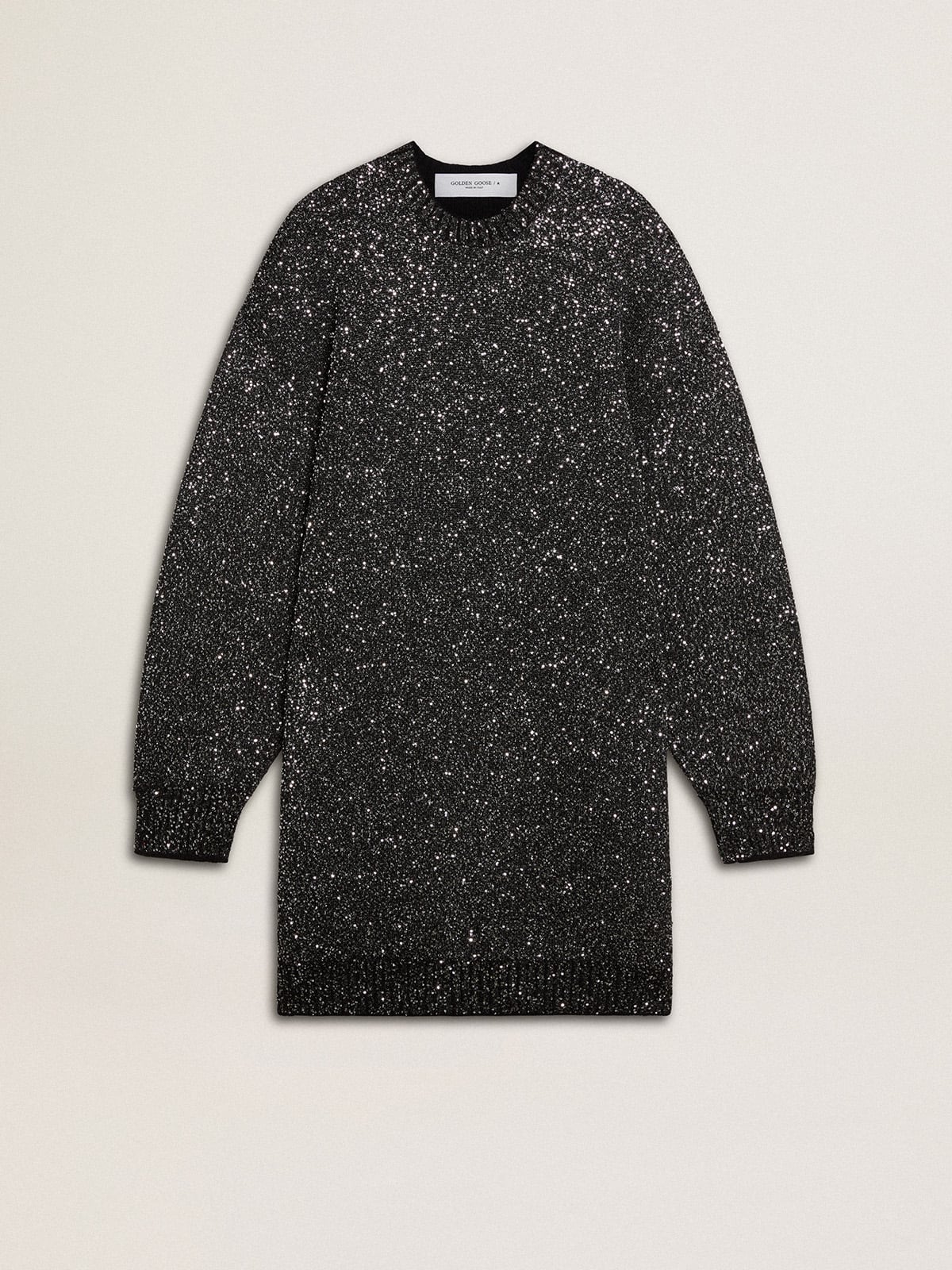 Women's black crew neck dress with all-over silver sequins