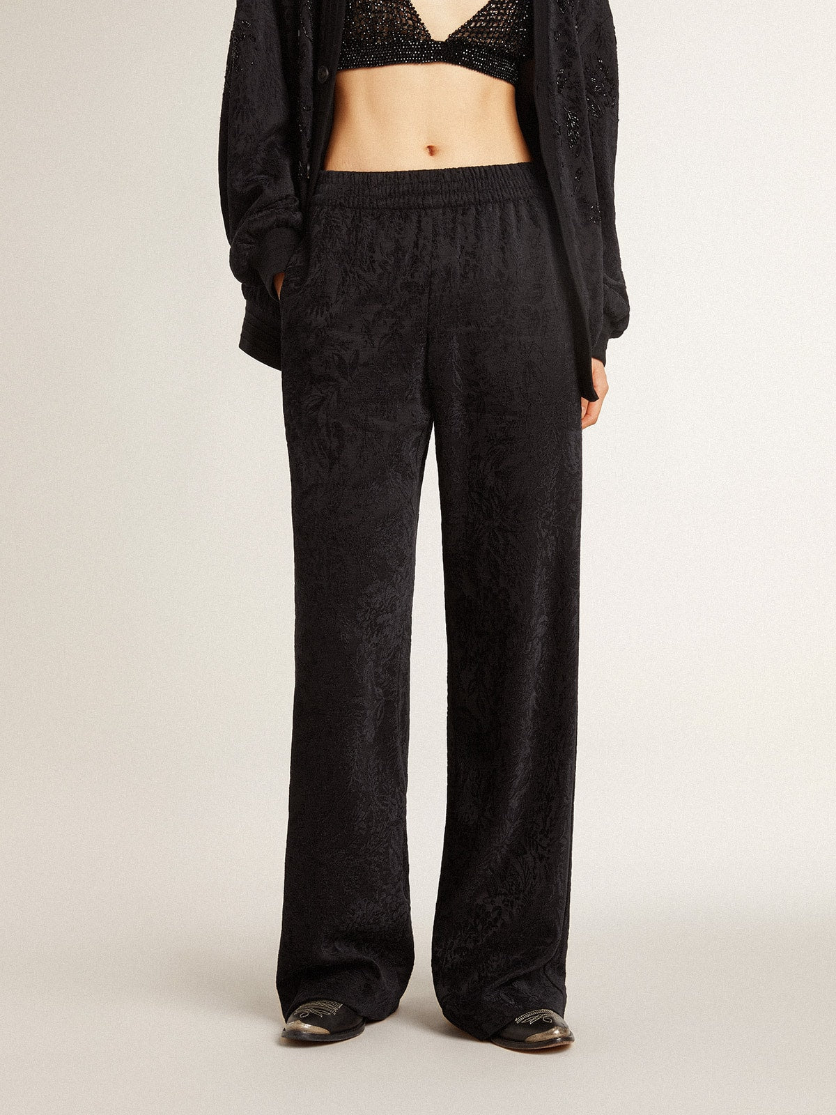 Women's black joggers with a tone-on-tone toile de jouy print