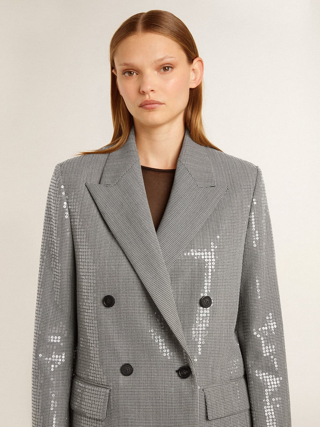 Double-breasted wool boyfriend jacket in micro houndstooth and sequins