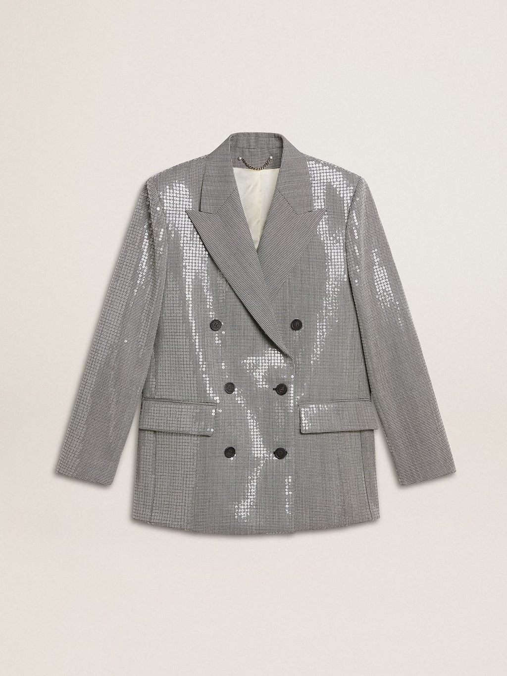 Double-breasted wool boyfriend jacket in micro houndstooth and sequins