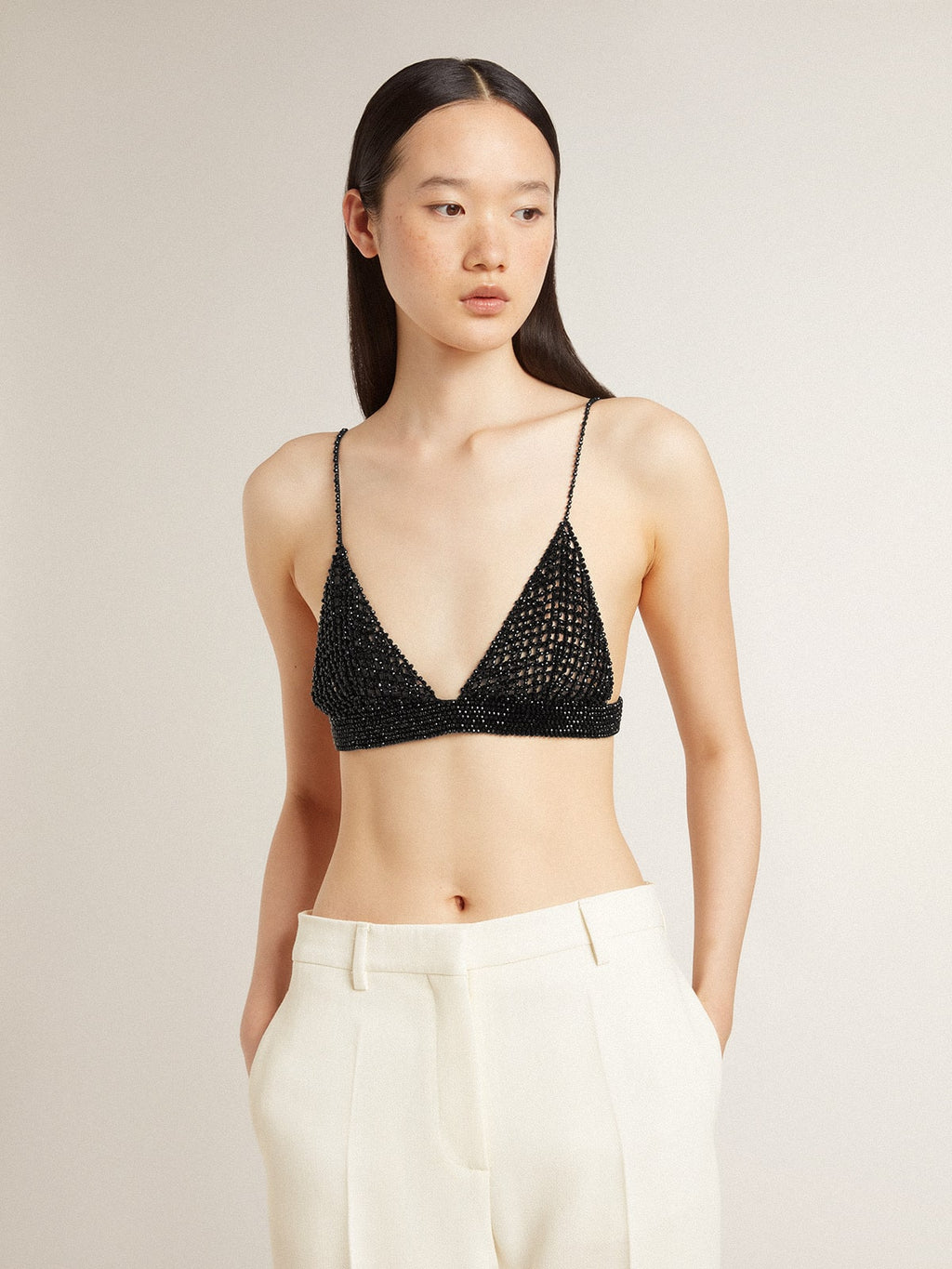 Women's black crochet top with crystals