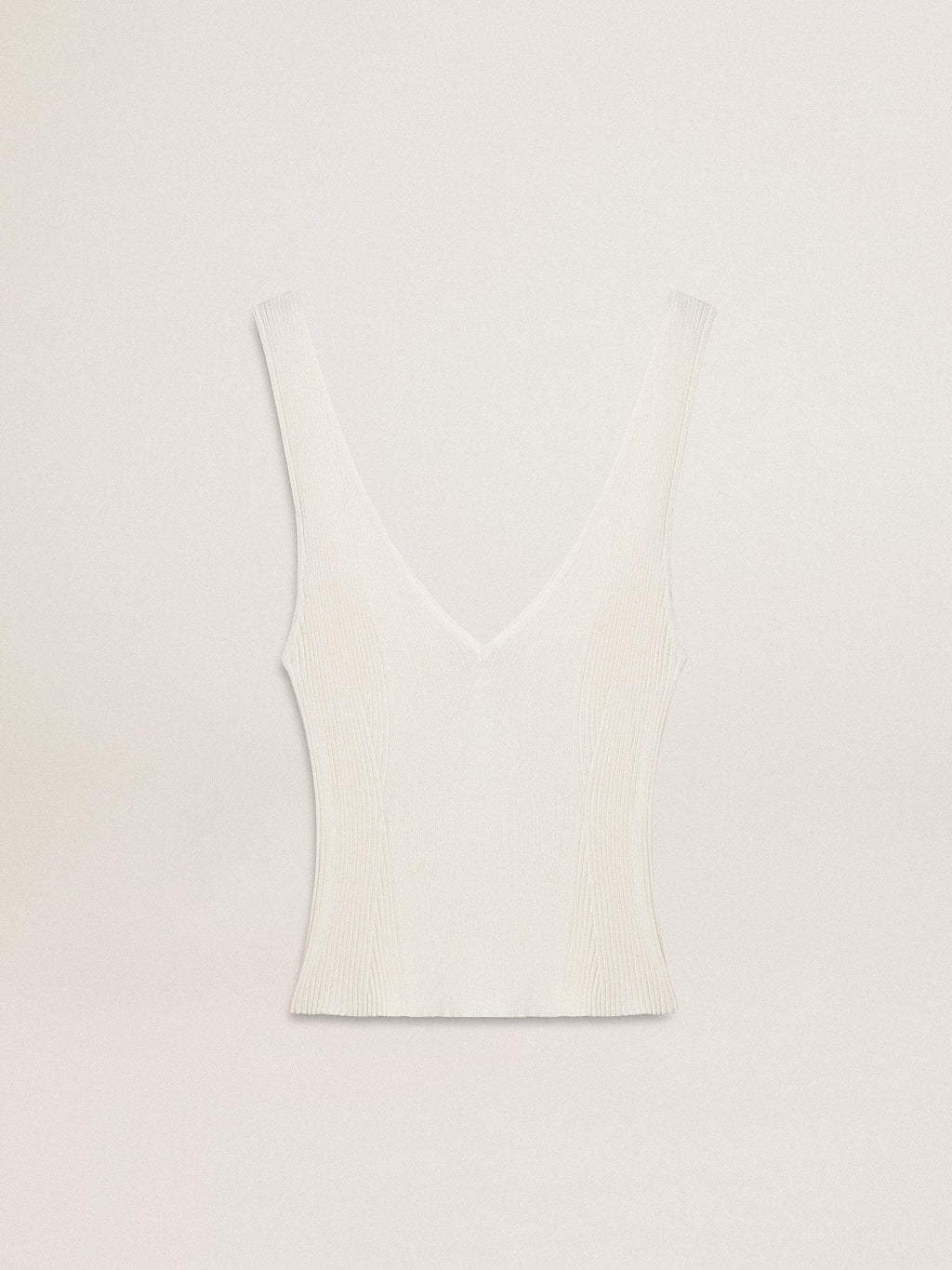 Sleeveless top embroidered with worn-white ribbing