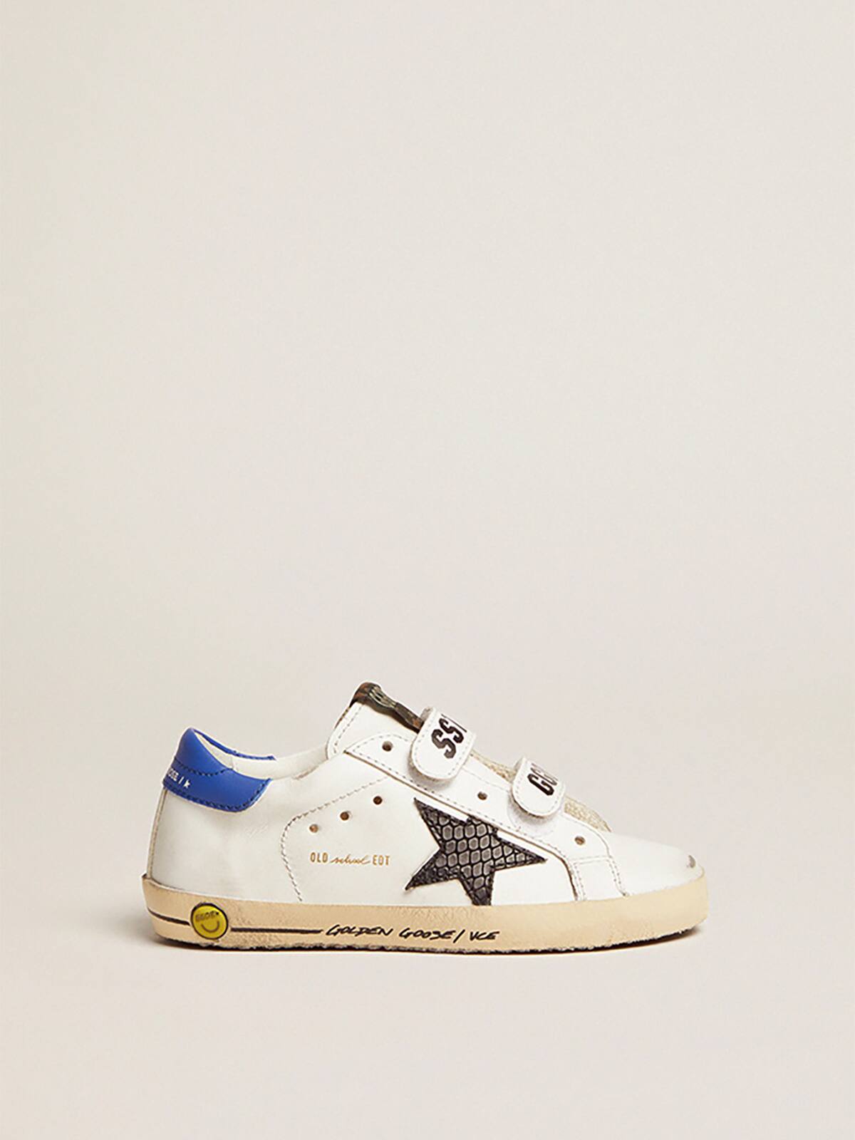 Young Old School with black snake print leather star and blue heel