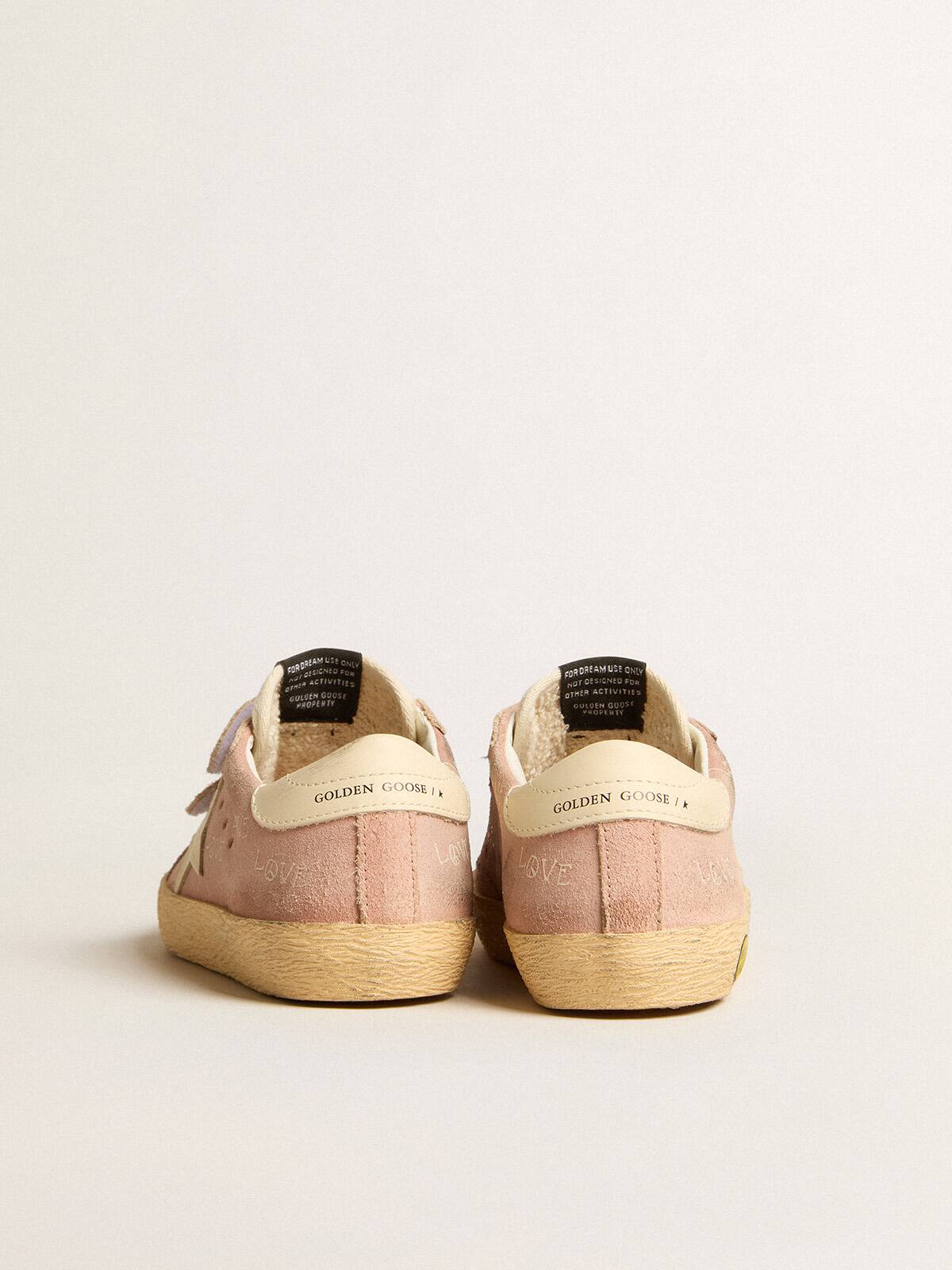 Old School Young in pink suede with cream leather star and heel tab