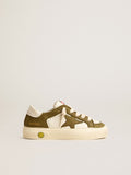 May Young in white and military green leather